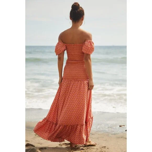 L*SPACE Simone Floral Square‎ Neck Short Sleeve Smocked High Low Maxi Dress - Picture 4 of 16